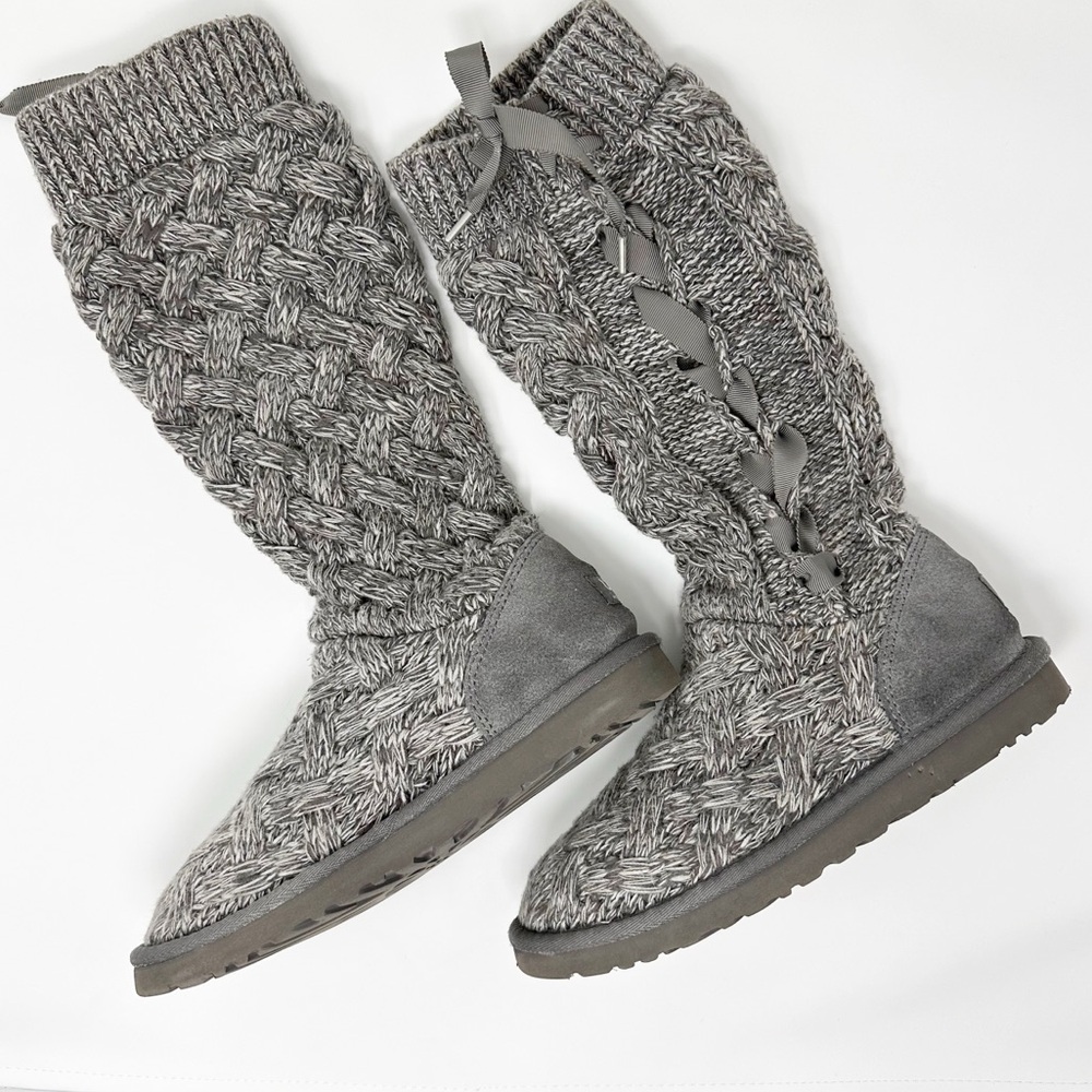 UGG Heather Grey Cable Sweater Knit Tall Boots size 7